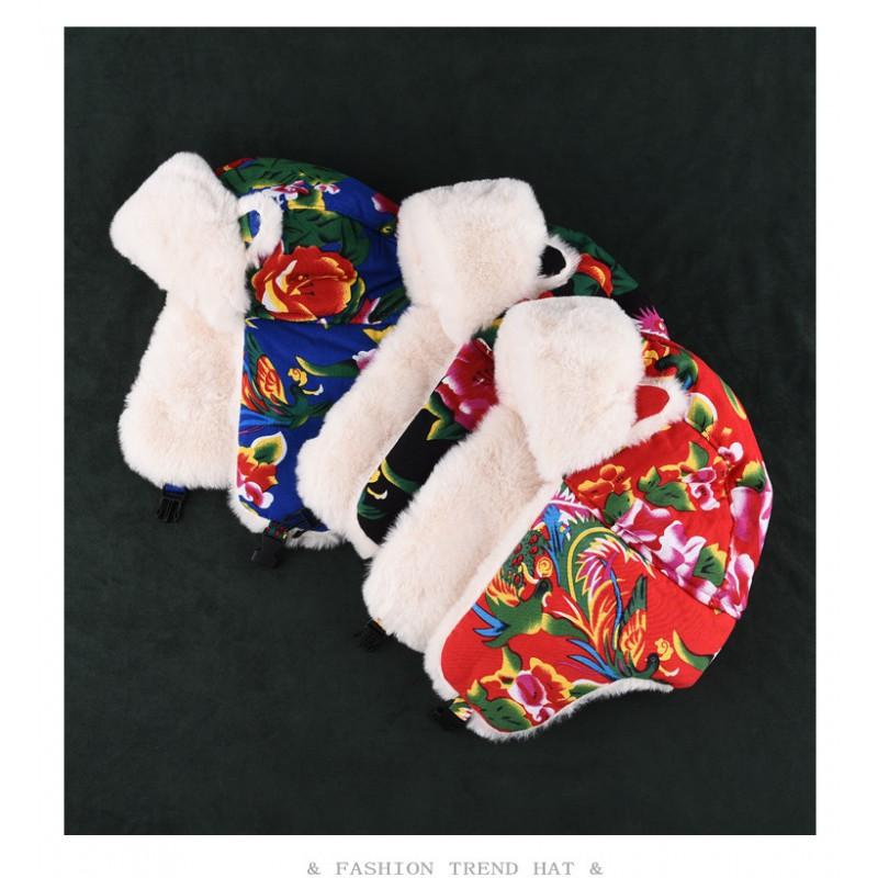 Winter Warm Cotton Blend Hat With Cat Ears Kids Adults Retro Chinese Style Beanie Windproof Ear Protection