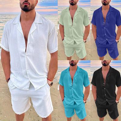 Conjuntos Masculinos de Verão Casuais Soltos de Duas Peças Praia Sólido Algodão Linho Terno Masculino Camisa de Manga Curta com Botões e Shorts Roupas de Escritório