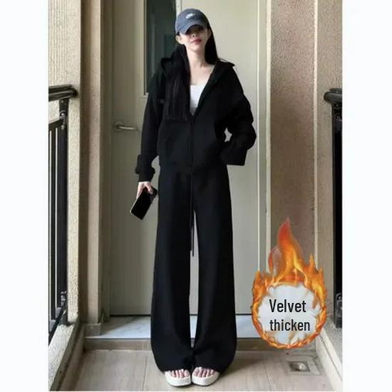 Women's Korean-Style Velvet Sports Suit: Autumn/Winter Casual Loose Hoodie Jacket & Pants Set