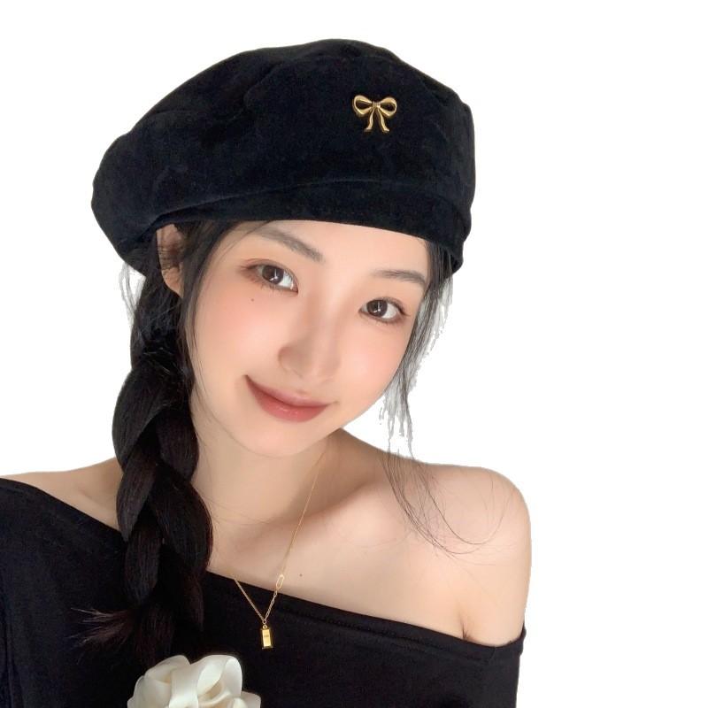 Herbst-Karamellbraun~ Metall-Baskenmütze mit Schleife Damen Japanisch Retro Süß Vielseitig Mode Malerhut