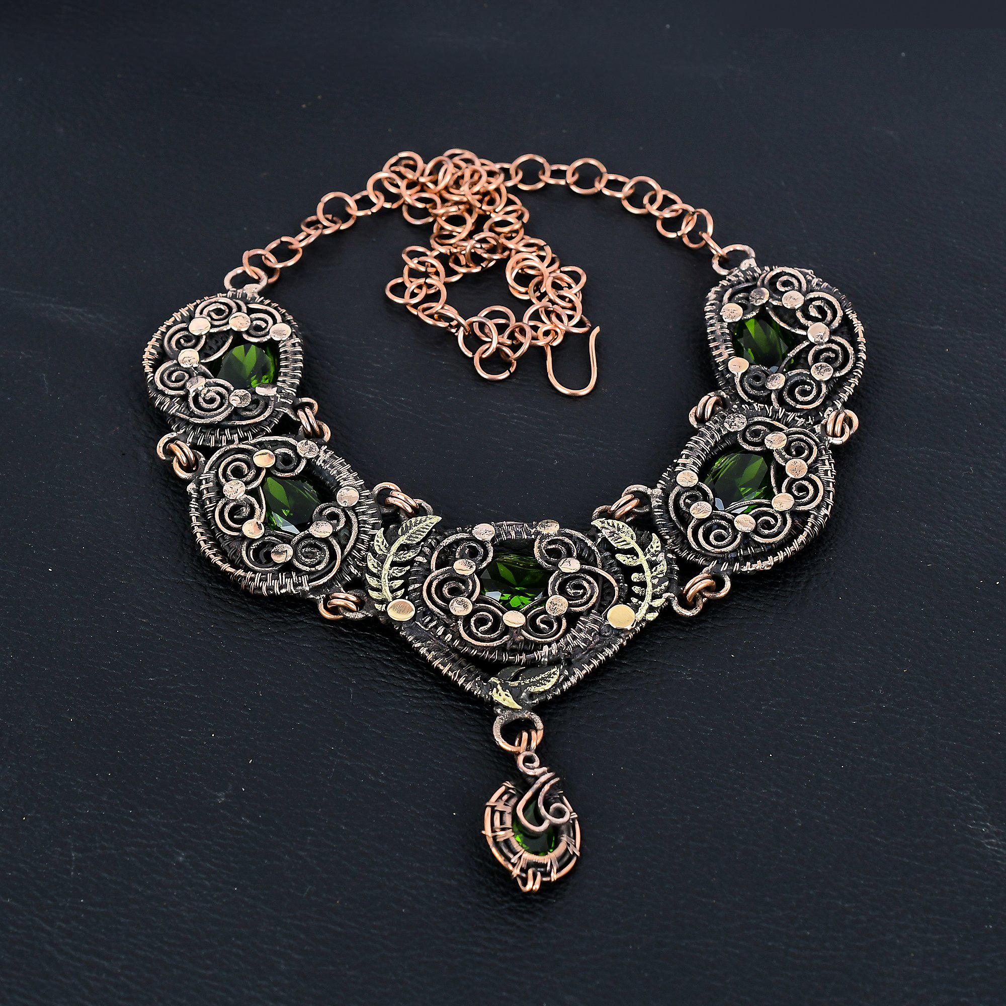 

Перидот Ожерелье из драгоценных камней ручной работы, Ожерелье, обернутое медной проволокой 999 пробы, Антикварные украшения, Для подарка на помолвку Adjustable With 18 Inches