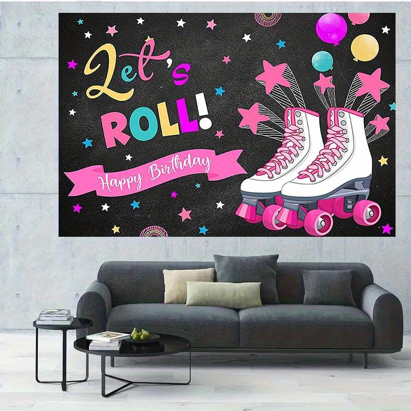 1 piece of Let s go away! girl s birthday background - Bright pink color with star balloons and roller skates 100x150cm