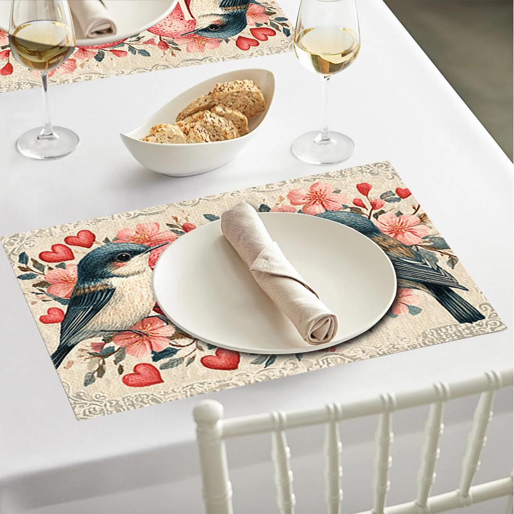 1pc/4pcs/6pcs Valentine's Day Heart Bird Placemats Suitable for Dining Table Decorations, Machine-Washable Rectangular