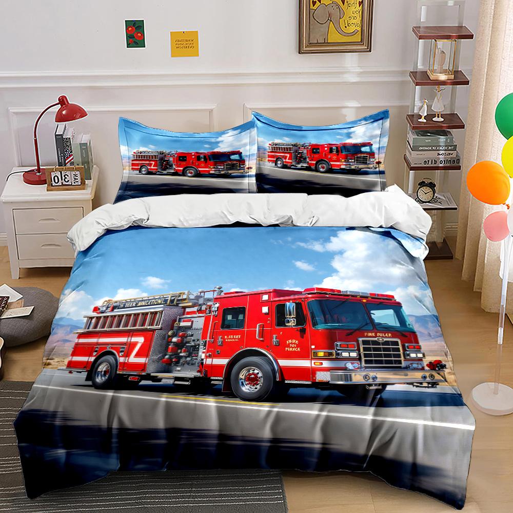 Red Fire Truck Driving On Road Print Soft Comfortable Duvet Cover Bedding Set Included 1*Duvet Cover  2*Pillowcases