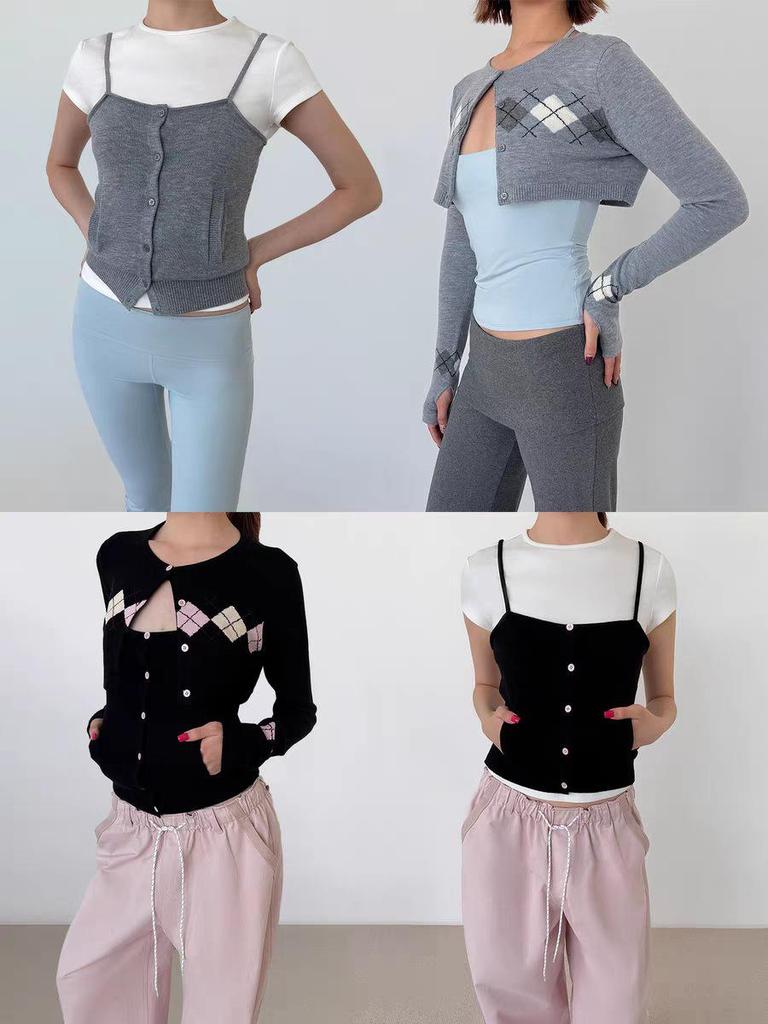 Nanyou Merino Wool Argyle Cardigan & Camisole Set - New Autumn Collection
