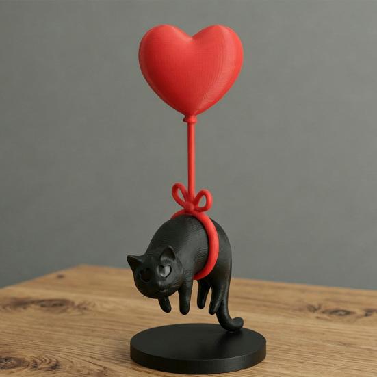 Floating Cat Heart Balloon Figurine 3D Printed Cute Black Cat Statue Romantic Desktop Ornament for Living Room Bedroom Bookshelf Nightstand Decor