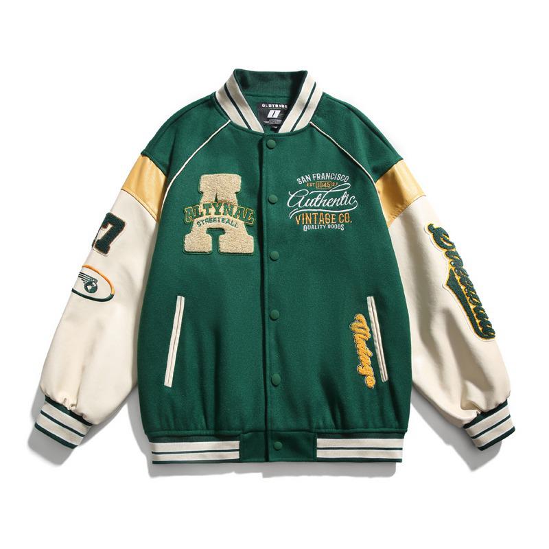 

Мужская бейсбольная куртка контрастного цвета в корейском стиле весна/осень 2024 года — модный универсальный американский образ L зелёный