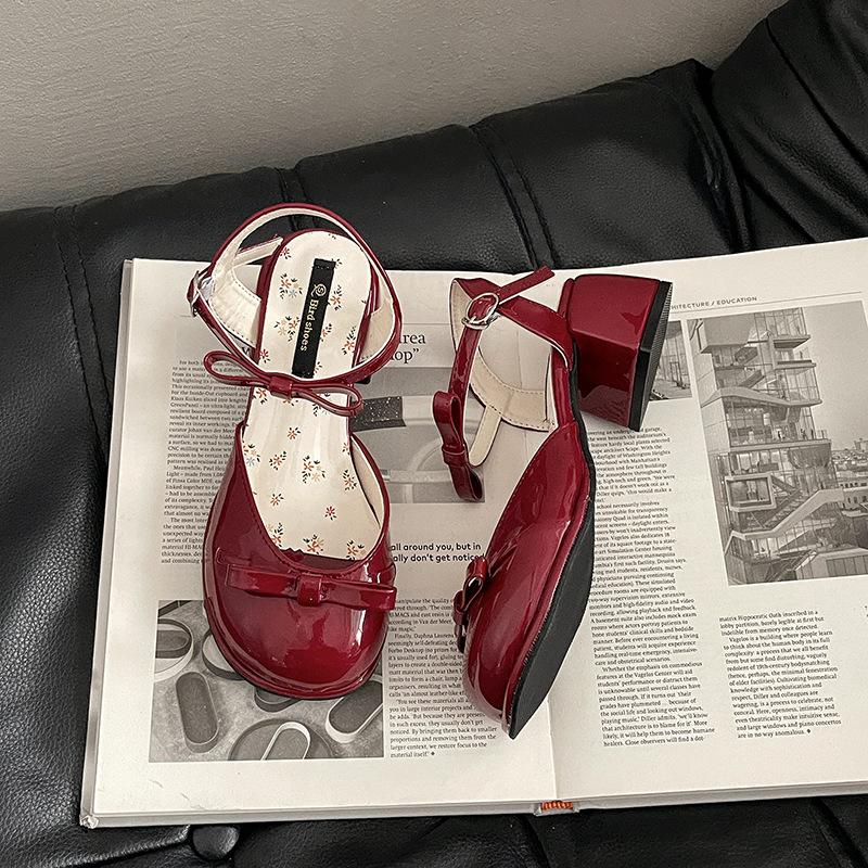 Fairy style bow women's wedge heel single shoes wear summer open-toed square head with skirt temperament high-heeled slippers tide