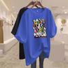 Medium and Long Black Cotton Cartoon with Short-sleeved T-shirt for Women's 2025 Early Spring New Large-size Loose Top