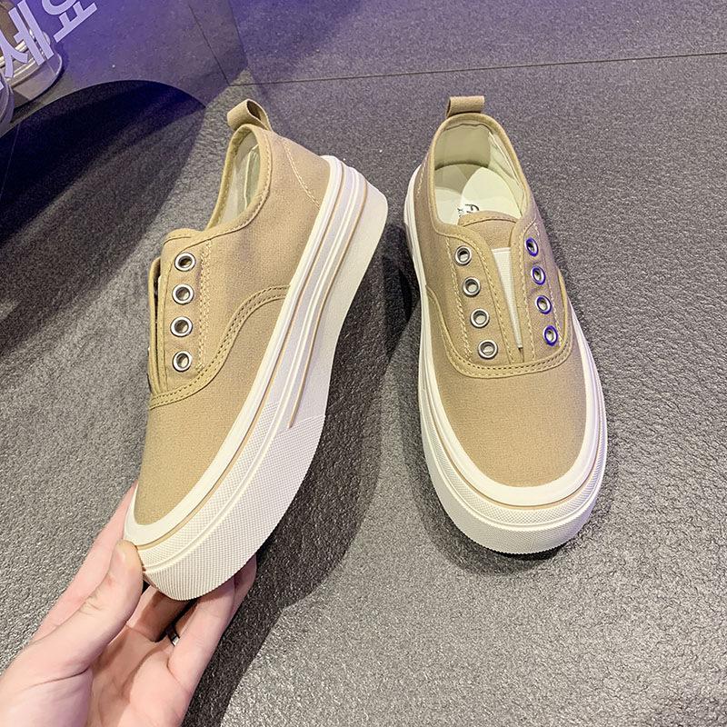 Thick-soled one-pedal canvas shoes for women's 2025 spring new versatile casual no-lace-up, not tired feet, white shoes, board shoes