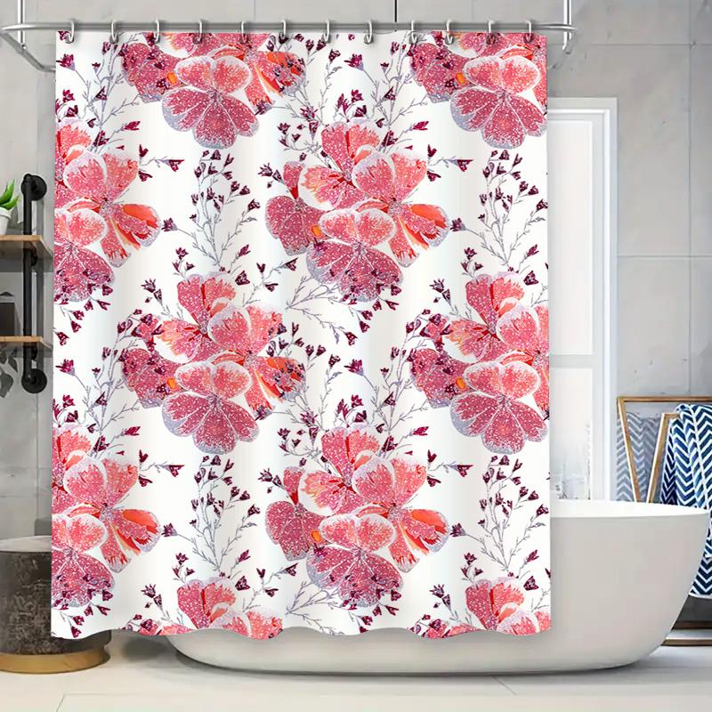 

Delightful Floral Shower Curtain Pink White Bloom Design For Bathroom Decorations Waterproof Fabric Material With Hooks Included W60H190(CM)-1 Pcs