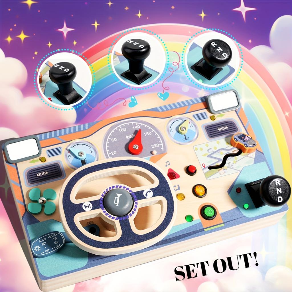 Wooden Busy Board,Sensory Toys with Light Switch,Steering Wheel Busy Board ,Travel Toys for Educational Kid Activities for Boys Girls, Random Color