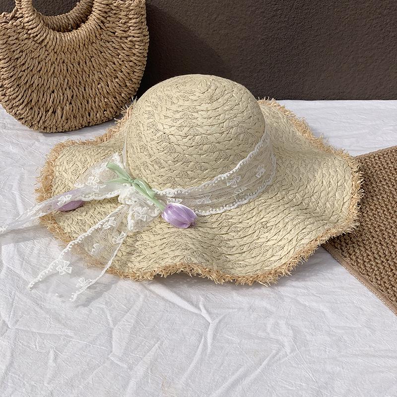 Women's Wide Brim Straw Hat with Lace Bow - Summer Beach Vacation Sun Protection