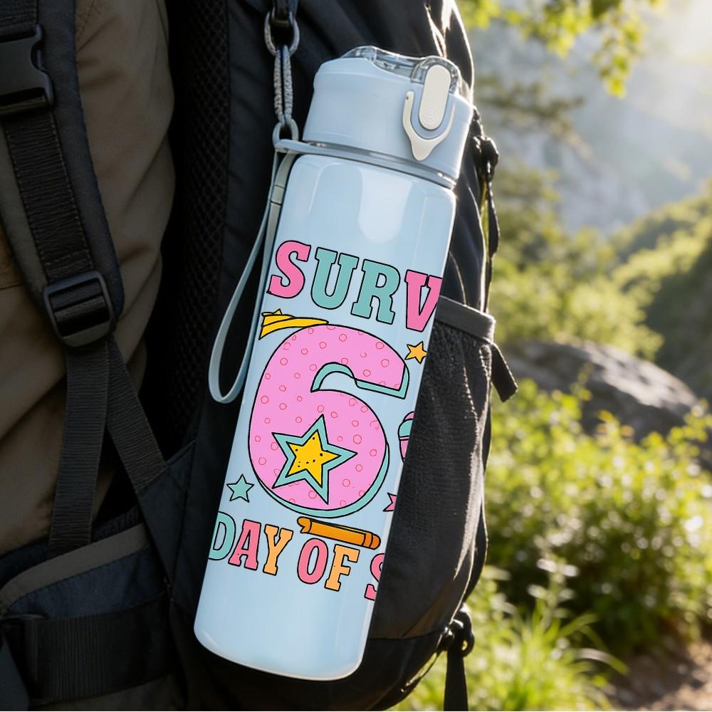 1PC Survived 67 First Day Of School Letter 750ml Color Plastic Sports Water Bottle Leakproof Flip Straw Lid Suitable for Sports Office Home Use
