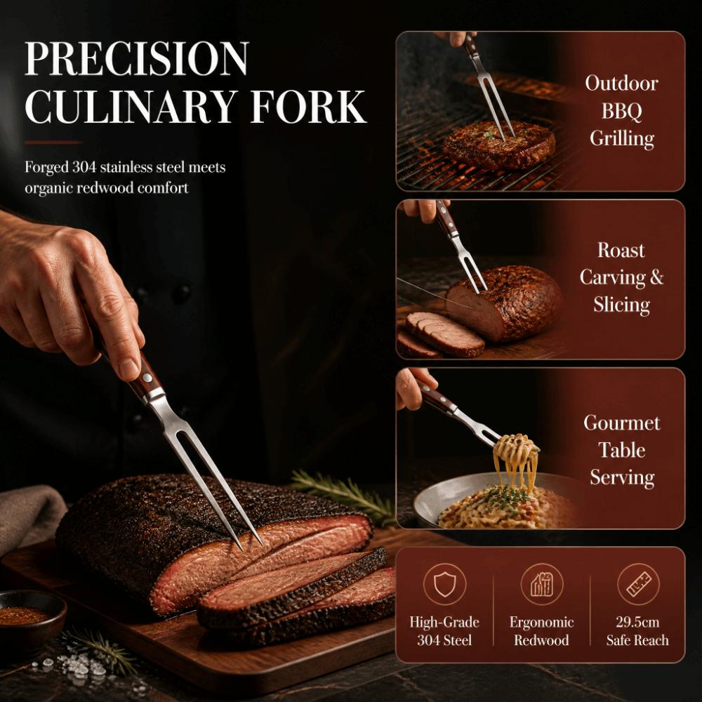 Long Handle Stainless Steel Fork Redwood Handle Meat Turner Fork Backyard Party