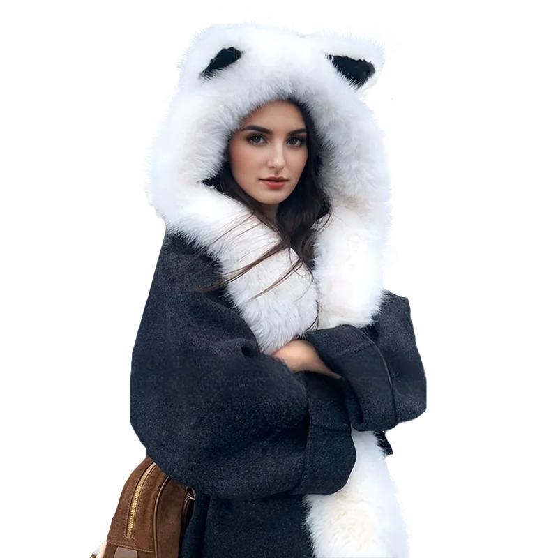 1PC Faux Fur Hats Exquisite Pointed Ear Shape Cute Plush Hat Versatile Accessories Comfortable Scarf Warmth 56-58cm