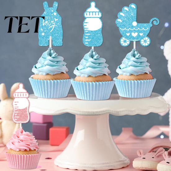 Decorative Picks for Dessert 12Pcs Boy Girl Birthday Cake Toppers, Baby Themed Cupcake with First Decor Bottle, Stroller, Bow, Suit, Glitter Cardboard