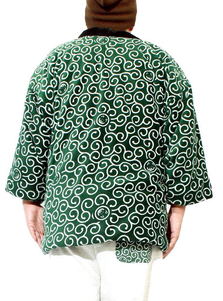 Wankodo Men's Warm Hanten Jacket, Large Size, Boa Fabric, Arabesque Print, Shiba Inu, Kyoto-Originated Mascot, Wankodo Chanchanko, 5L, Green
