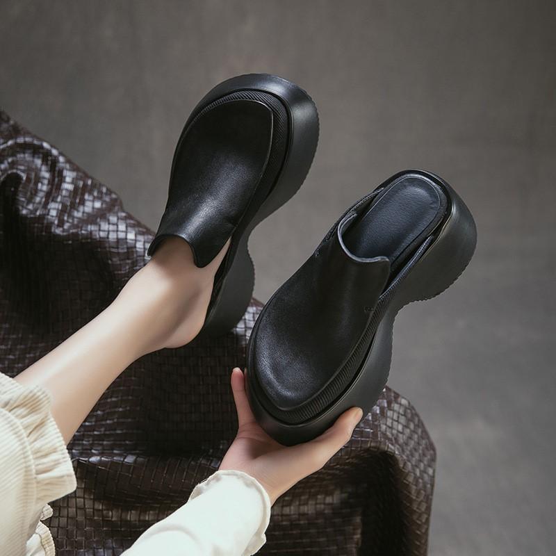 Johnature Height Increasing Outdoor Platform Slippers Genuine Leather Round Toe Thick Soled Women's Shoes