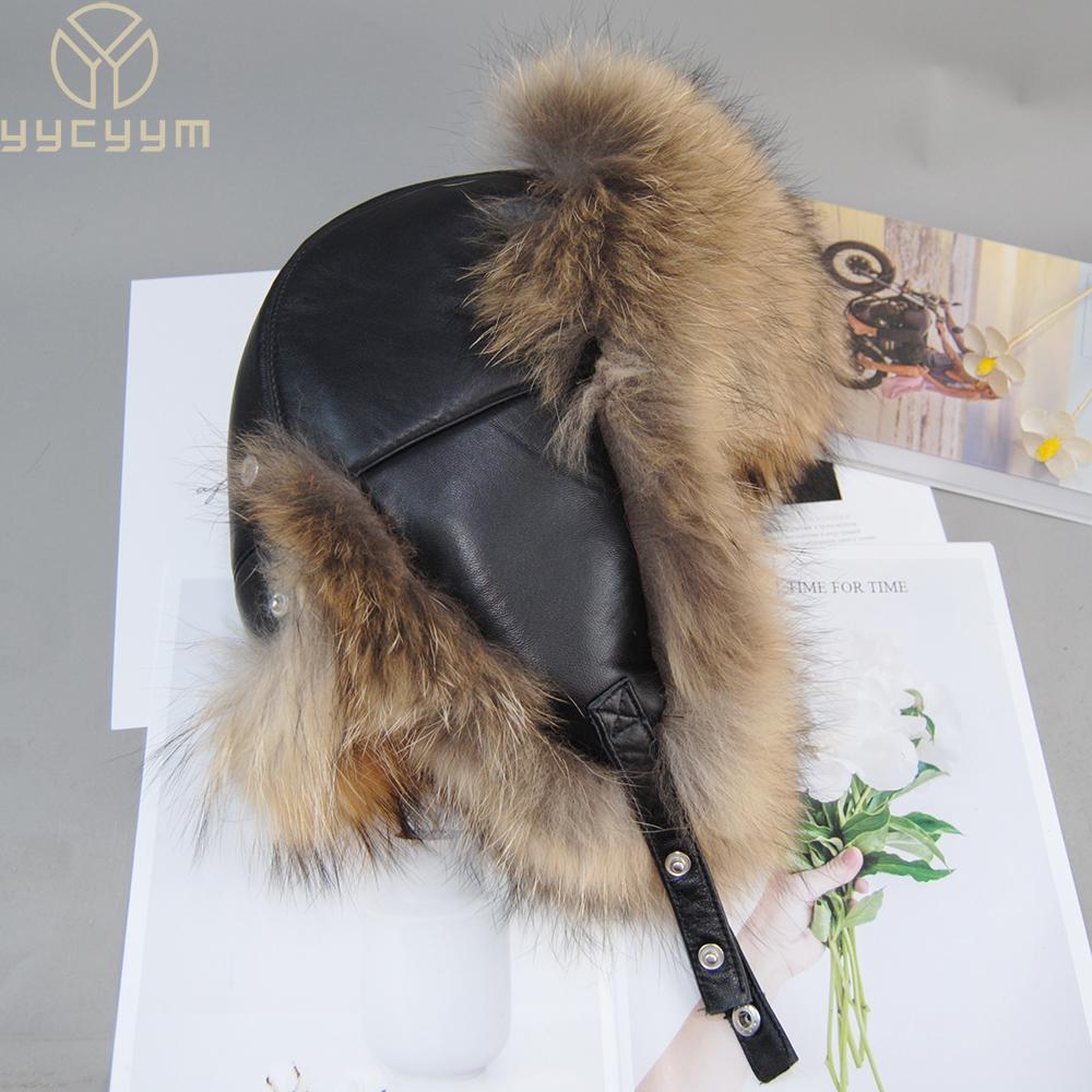 New Unisex Real Sheepskin Leather Hat Luxury Winter Russian Real Fox Fur Hat Warm Soft Quality 100% Real Raccoon Fur Bombers Cap