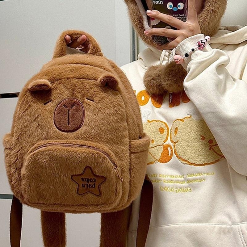 Cartoon Plush Capybara Animal Backpack for Teens Multiple Pockets Student School Bag Zippered Crossbody Shoulder Bag