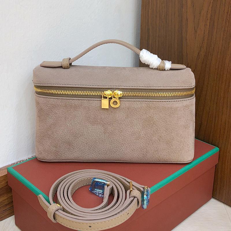 2025 New Gold Buckle Nubuckle Cowhide LP19 Lunch Box Bag Genuine Leather Versatile Small Square Bag Handheld One Shoulder Crossbody Bag for Women