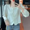 Women's Heart-shaped Square Neck Blouse Puff Long Sleeve Textured Fabric Loose Fit Casual Office Top