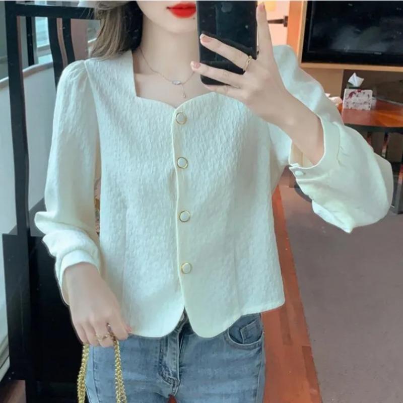 Women's Heart-shaped Square Neck Blouse Puff Long Sleeve Textured Fabric Loose Fit Casual Office Top