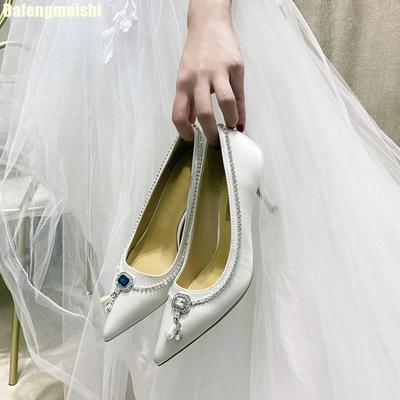 Fashion 2025 Autumn New Rhinestone Chain High Heels Pointed Shallow 5Cm/7Cm Stiletto Heel Shoes White Wedding Shoes Slip On Bridal Shoes