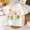 Girls' Summer Floral Cotton T-Shirt with Round Neck and Short Sleeves