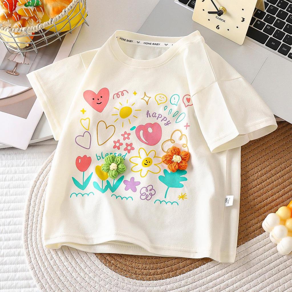 Girls' Summer Floral Cotton T-Shirt with Round Neck and Short Sleeves