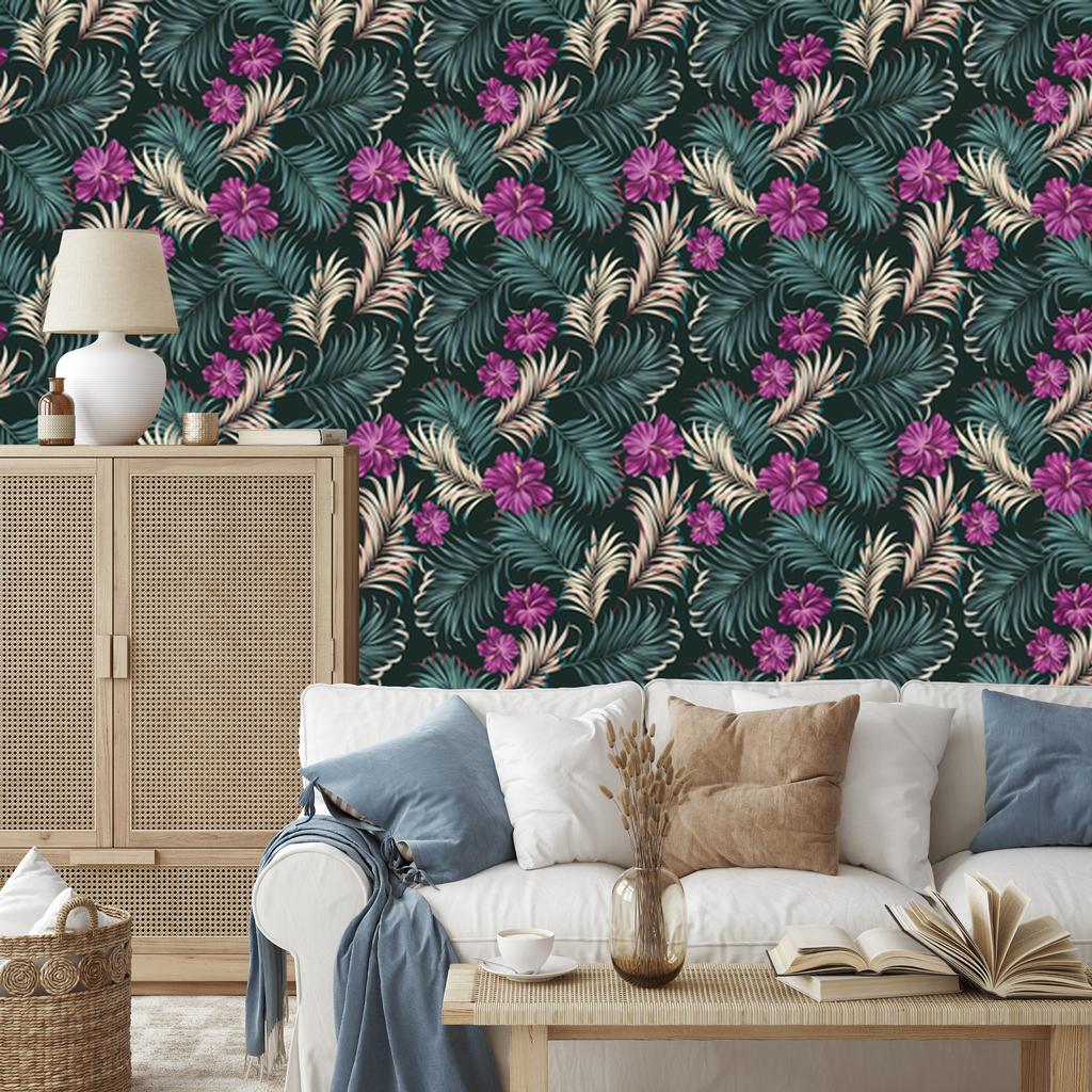 Hibiscus wallpaper with leaves for living room and bedroom 50x1000