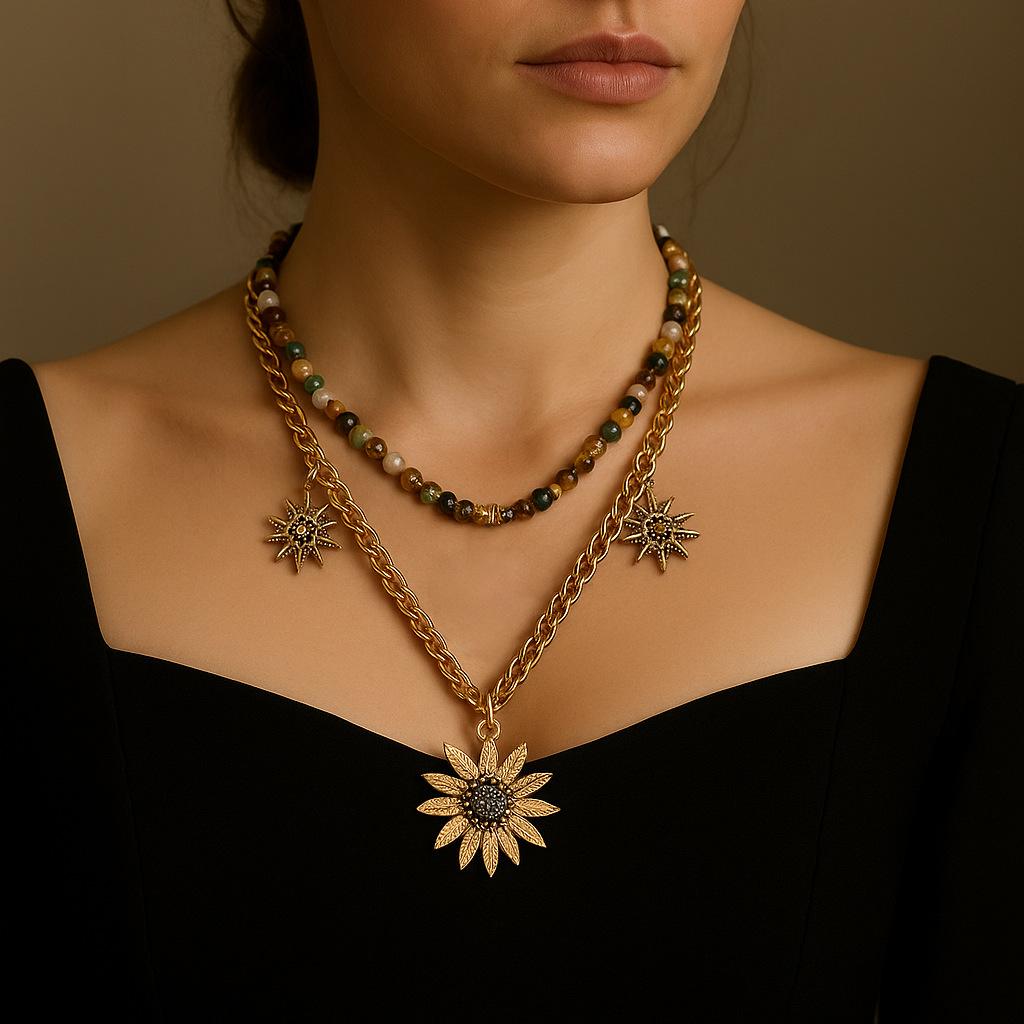 Personality Trend Retro Alloy Sunflower Pendant Double Stacked Necklace Casual Color Beaded Women's Accessories