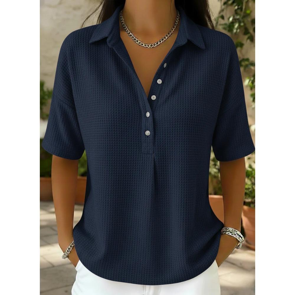 Women's Polo Neck Short Sleeve Waffle Knit Henley Shirt Casual Loose Button Down Blouse
