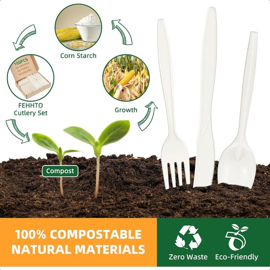 100% Compostable Cutlery Set150pcs 50 Forks 50 Spoons 50 Knives Disposable Cornstarch Utensils Heavy Duty BPI Certified EcoFrie