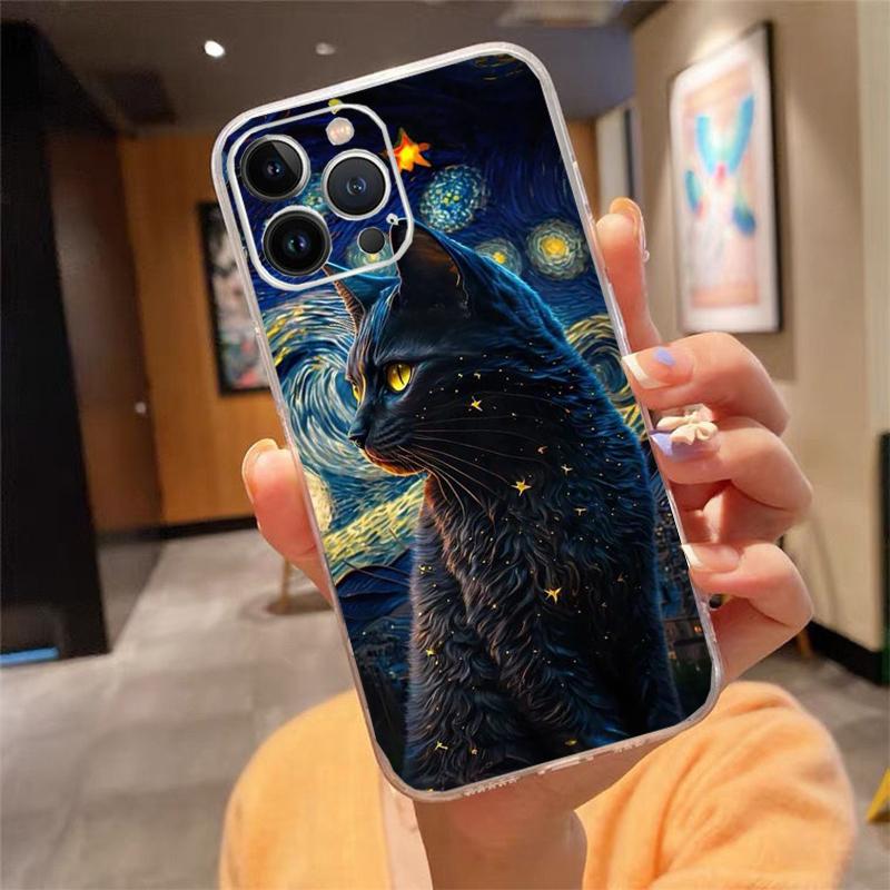 Phone Case For Iphone 17 Pro Max Air 16 15 14 13 Pro Max 15 16 Pro 15Plus Cat Starry Night Van Gogh