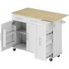 Kitchen Island, Fold-Down Countertop, Casters, 2 Drawers, Soft-Close Doors, Towel Rack, White