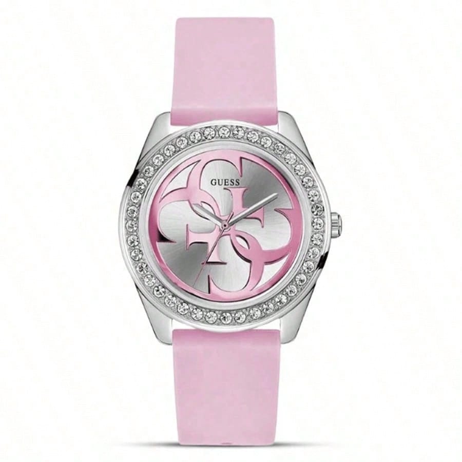 Guess Women's Silver/Pink G-Twist Watches For Quartz Watch - Diamonds Dial & Rubber Watch Band, Trendy Accessory W1240l1