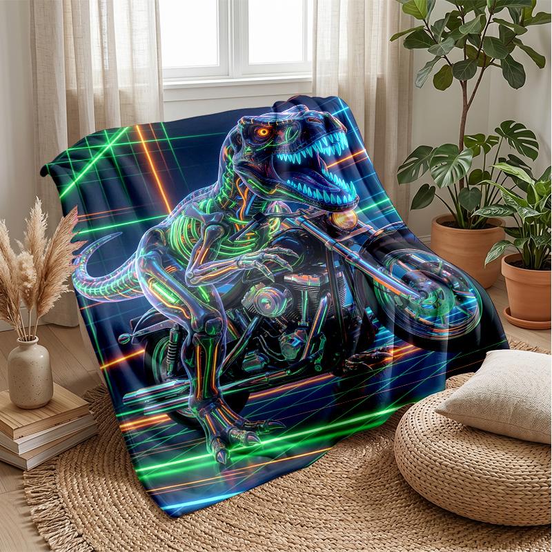 Neon Dino Skateboard Adventure Theme Blanket Lightweight Warm Flannel Blanket Decorative Throw Blanket for Home Decoration