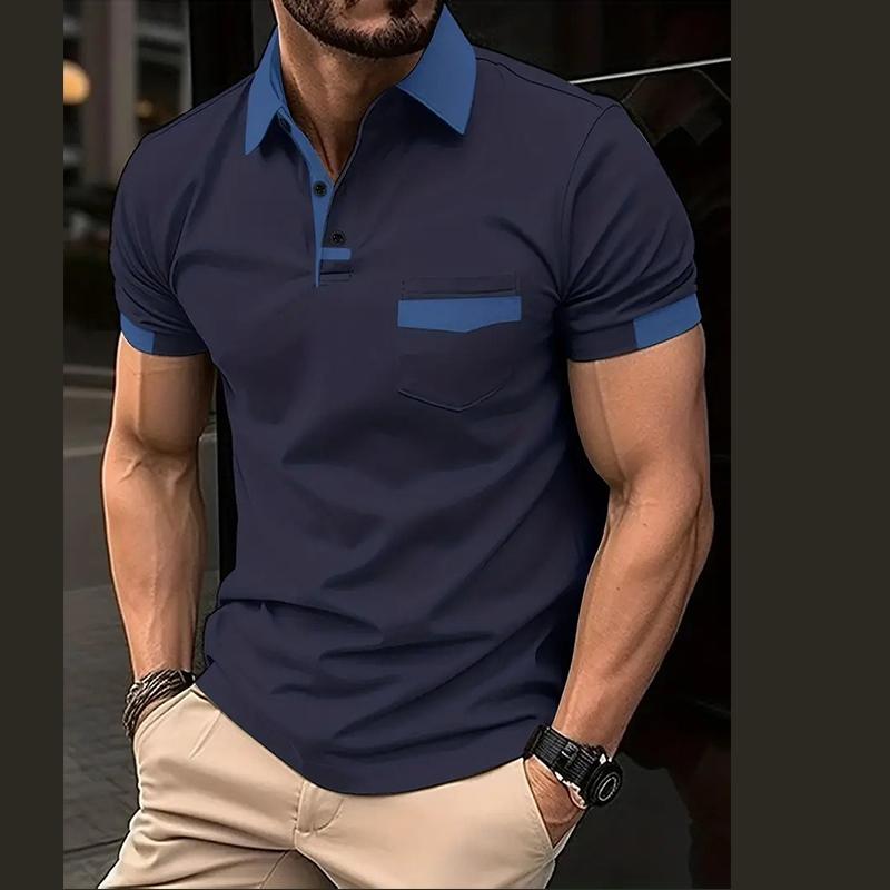 Summer Men's Lapel Button Polo Shirt Loose Casual Trend Pocket Color Block Men's Sports Fitness Polo Shirt