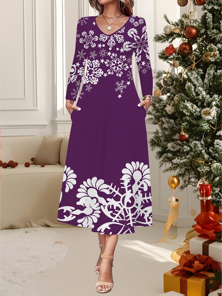 Nuovo Vestito Casual Moda Donna Autunno Inverno 2025 Stampa Fantasia Fiocco di Neve 3D Manica Lunga Scollo a V Linea ad A Vestiti Regalo di Natale