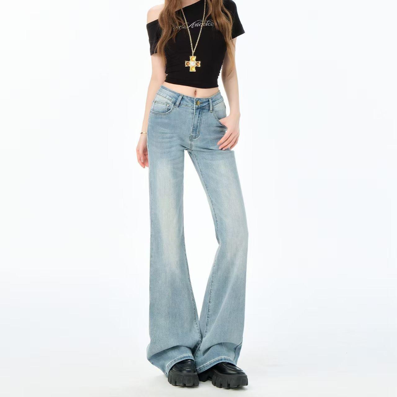 Women s Light-Wash Low-Rise Micro-Flare Jeans, Summer Style, Elastic Fit S светло-синий