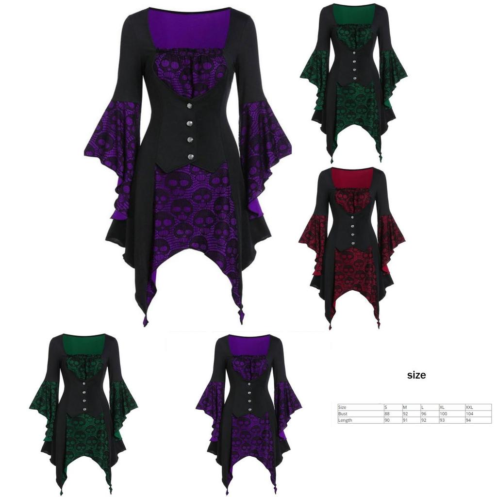 Damen Vintage Schädelkopf Mittelalterlich Gotisch Hexe Cosplay Kostüm Kleid für Halloween Party