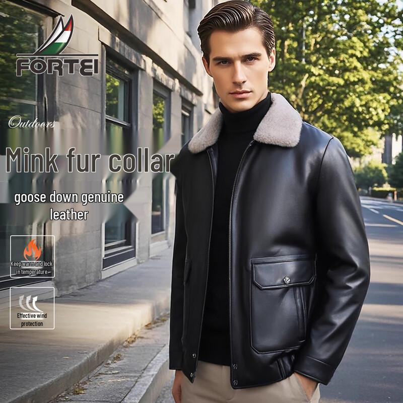 

Men s Mink Fur Collar Sheepskin Goose Down Leather Jacket XL 52