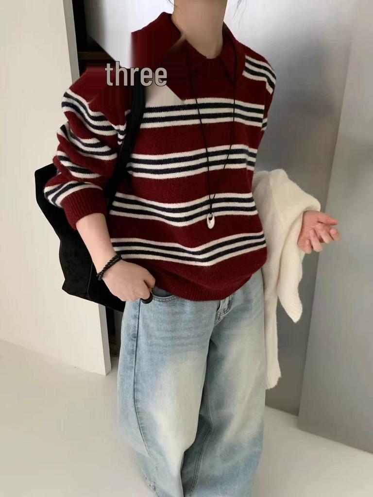 Women's Korean-Style Long-Sleeve Knit Sweater with Contrasting Stripes and Small Lapel - Versatile and Casual Pullover
