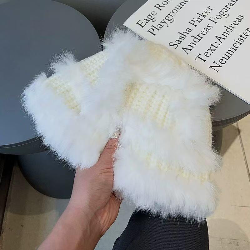 Winter Cute Fluffy Rabbit Fur Blend Bucket Hat For Big Face