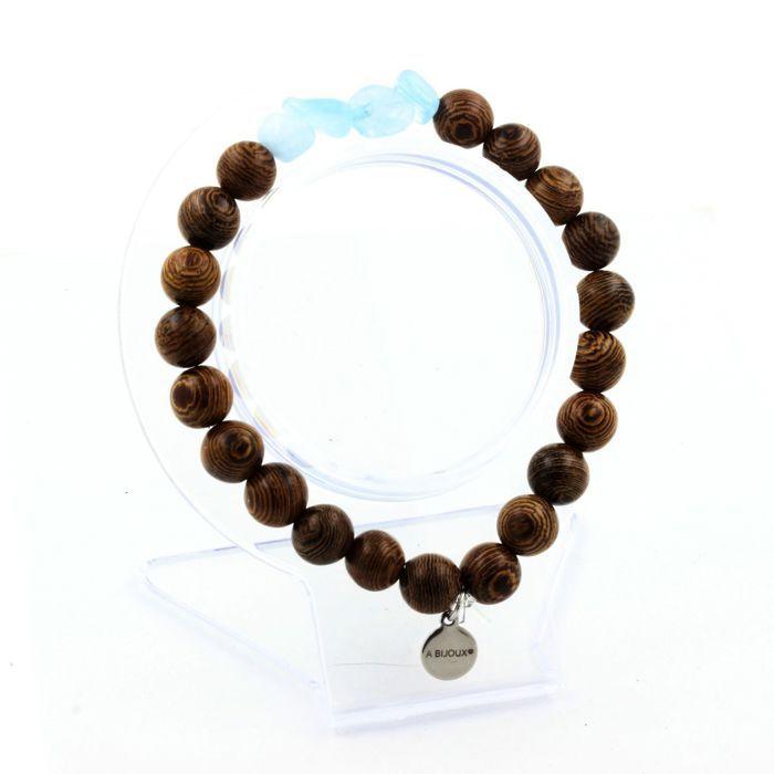 Pierres et Minéraux. Bracelet Aigue-Marine du Brésil + Perles bois 8 mm. Fabriqué en France.