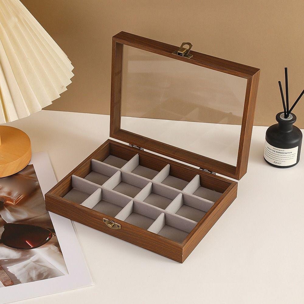 Walnussfarbene Schmuckaufbewahrungsbox Staubdichtes Design Samtmaterial Ringaufbewahrungsbox Glasdeckel Leichte Luxusverpackung
