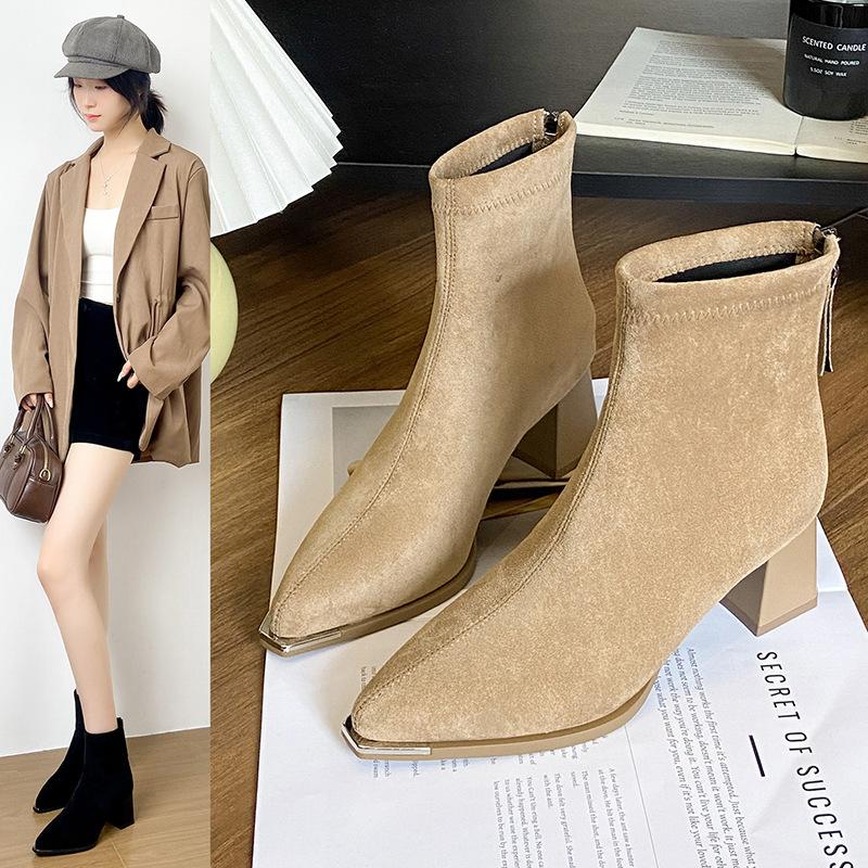 French retro suede short boots women's autumn and winter new thick heel thin Martin boots versatile high heel 