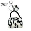 Key Ring with Pompom Leopard Print Plush Handbag Keychain, Mini Bag Pendant Retro Style Keychain Pompom, Backpack Decorative Accessory for Women Girls